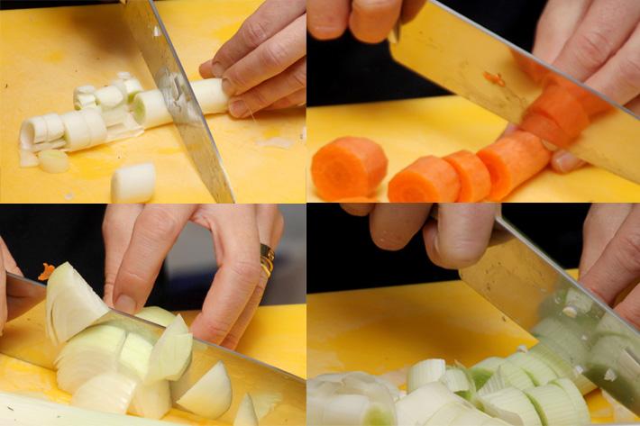 cortando las verduras en mirepoix